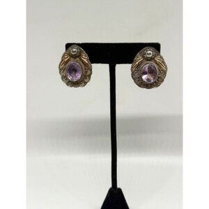 Vintage Marked Sterling and Amethyst Oval Earrings for Pierced Ears